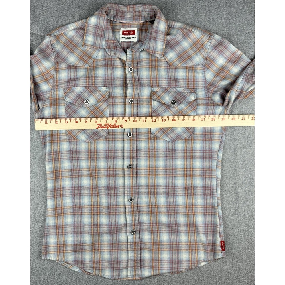 Wrangler Plaid Flannel Shirt Mens Small Blue Red Pearl Snap Western - Picture 5 of 12